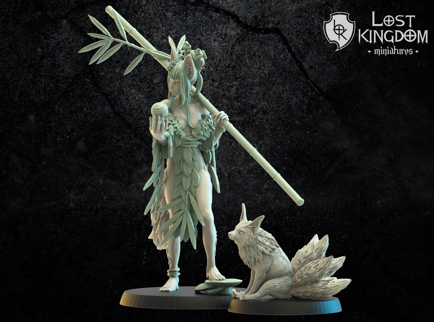 Hanako, Kitsune Druid And Baby Kyubi, Lost Kingdom Miniatures