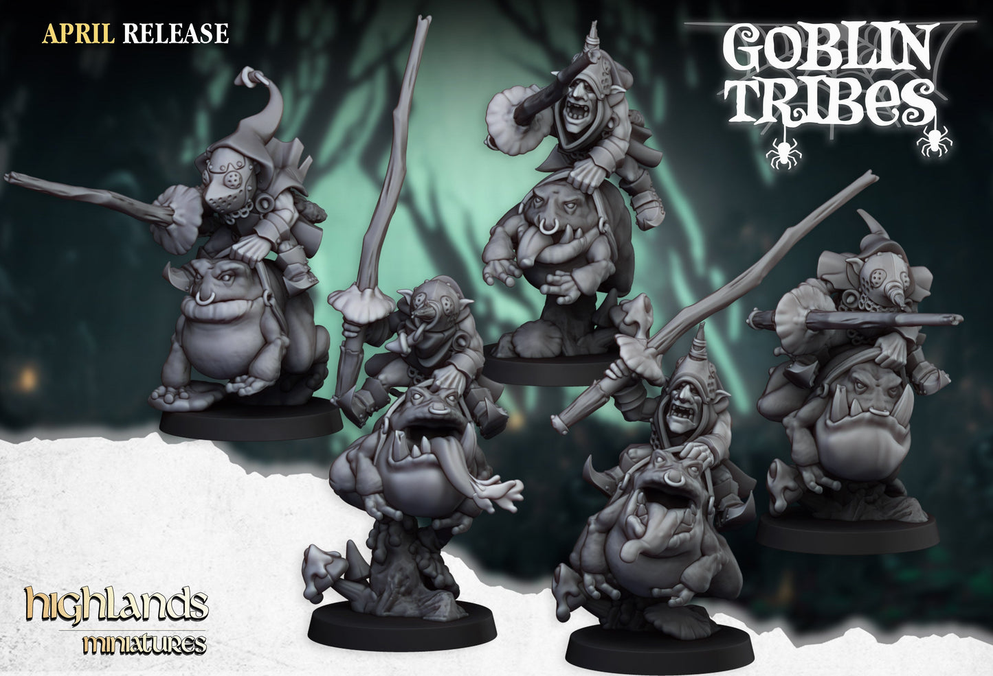 Swamp Goblins Frog Riders with sticks, Highlands Miniatures